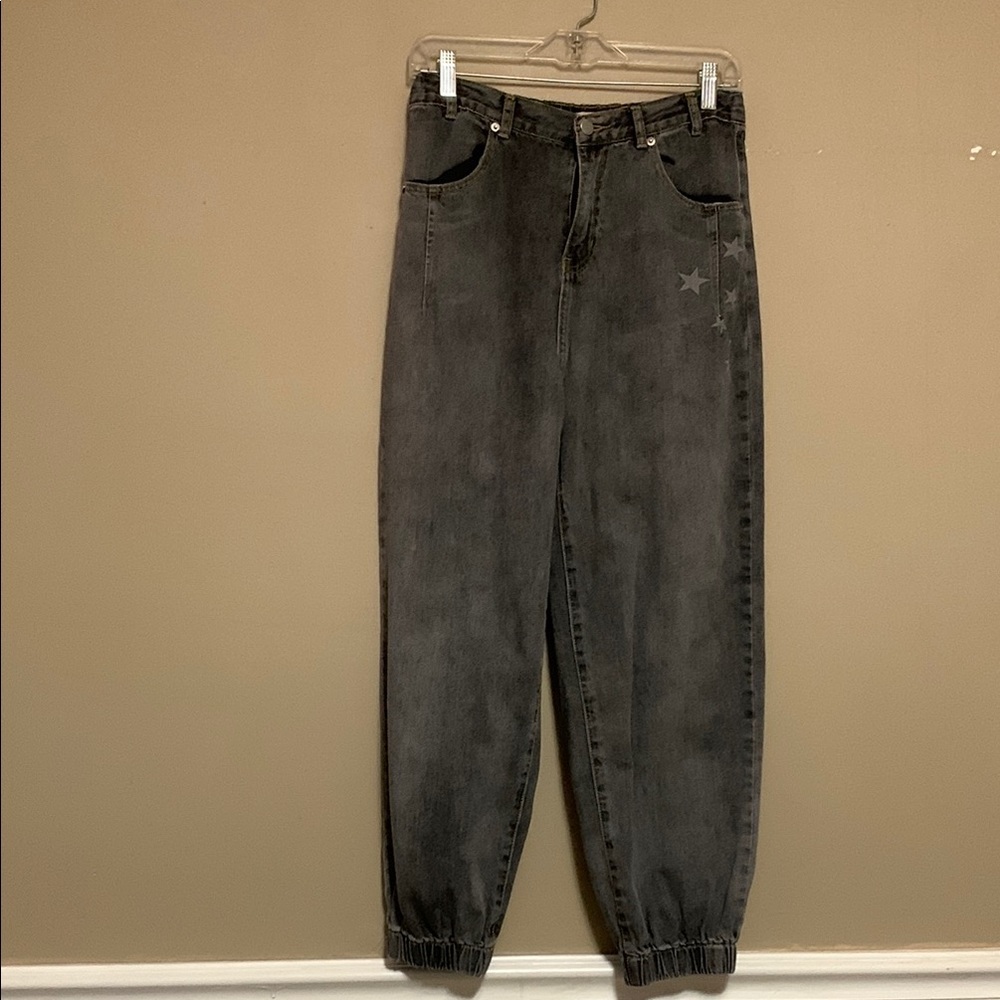 POL Women Star Gray Washed Barrel Jogger Denim Jeans Size Small Baggy Academia